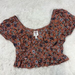Self Esteem Womens Crop Top Size M Brown  Floral Ruffle Trim Off Shoulder #297